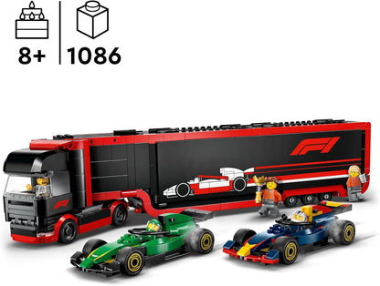 LEGO City F1 truck met RB20 en AMR24 F1