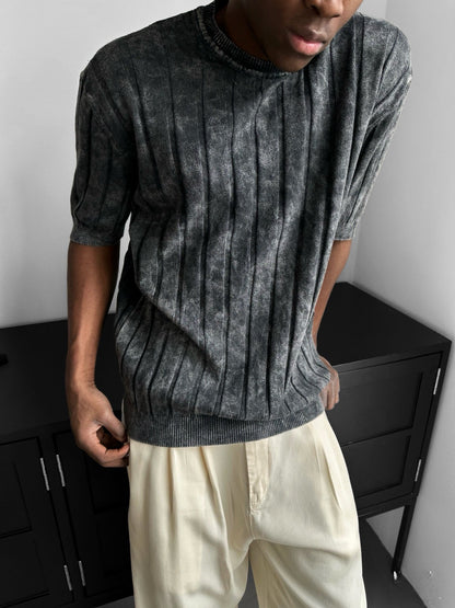 Slim Fit Washed Lines Knit T-Shirt - Anthracite