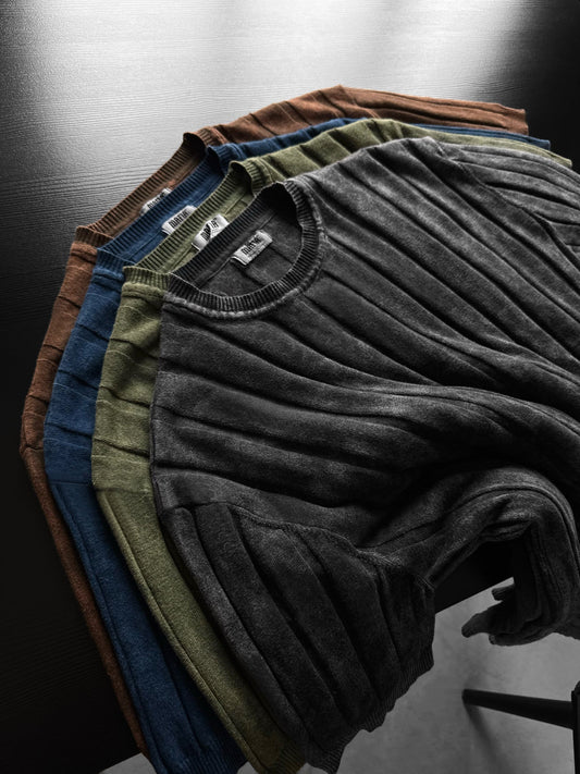 Slim Fit Washed Lines Knit T-Shirt - Anthracite