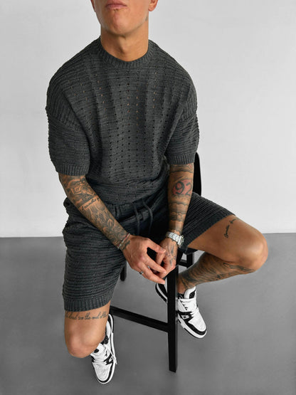 Oversized Gaten Gebreid T-shirt - Antraciet
