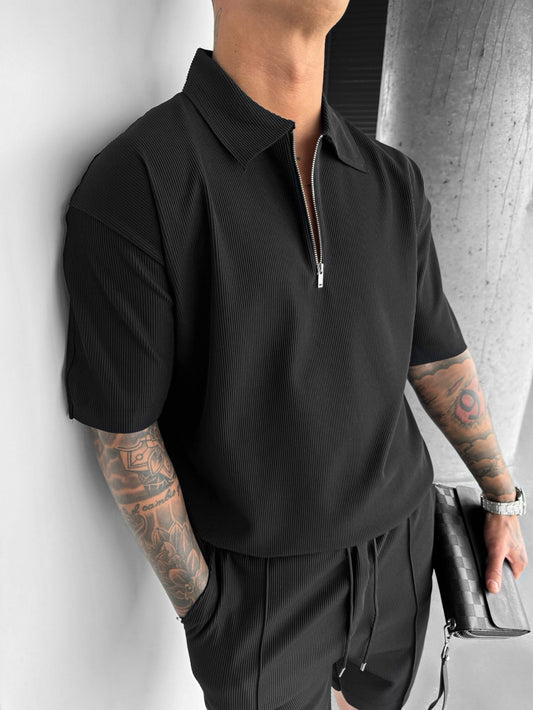Oversized Gelaagd Rits Polo T-shirt - Zwart