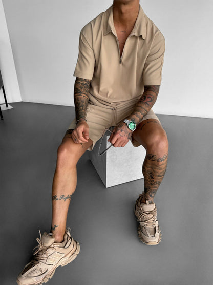 Oversized Layered Zip Polo T-shirt - Beige