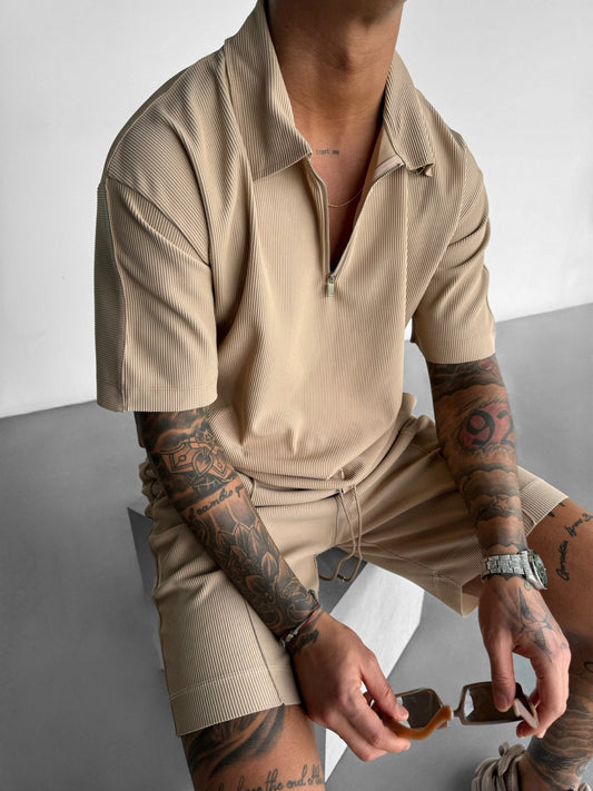 Oversized Gelaagd Rits Polo T-shirt - Beige
