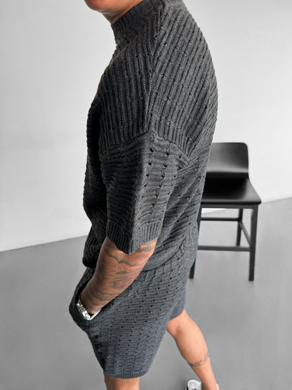 Oversized Gaten Gebreid T-shirt - Antraciet