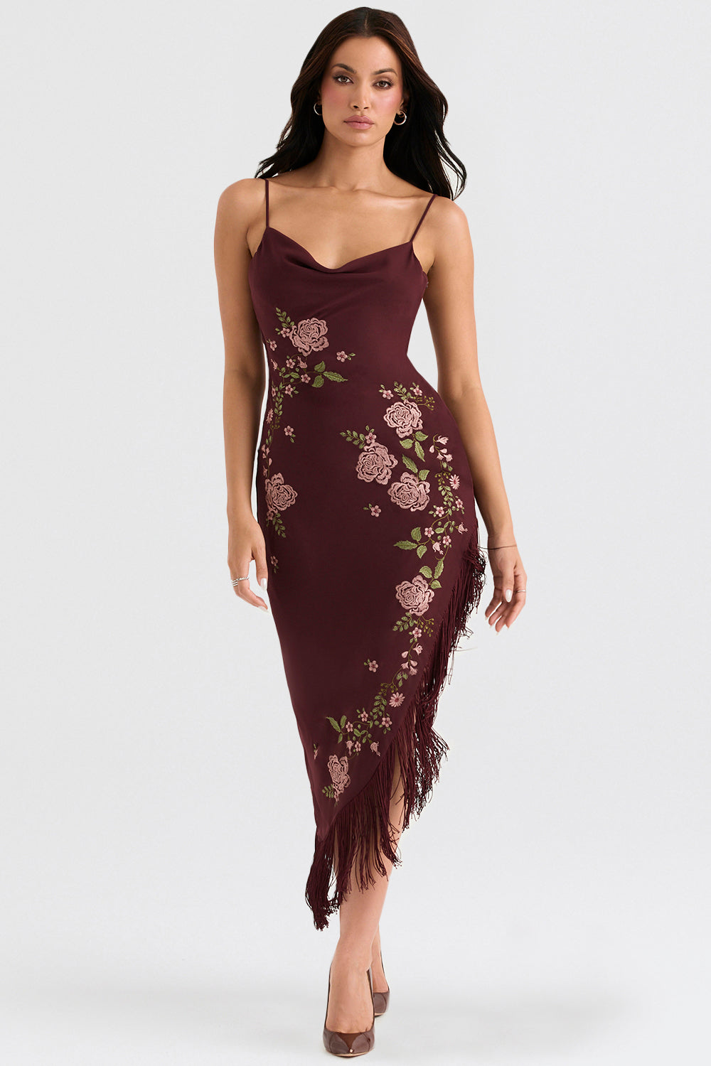 Lilian | Elegante Geborduurde Midi Jurk met Fringe Afwerking