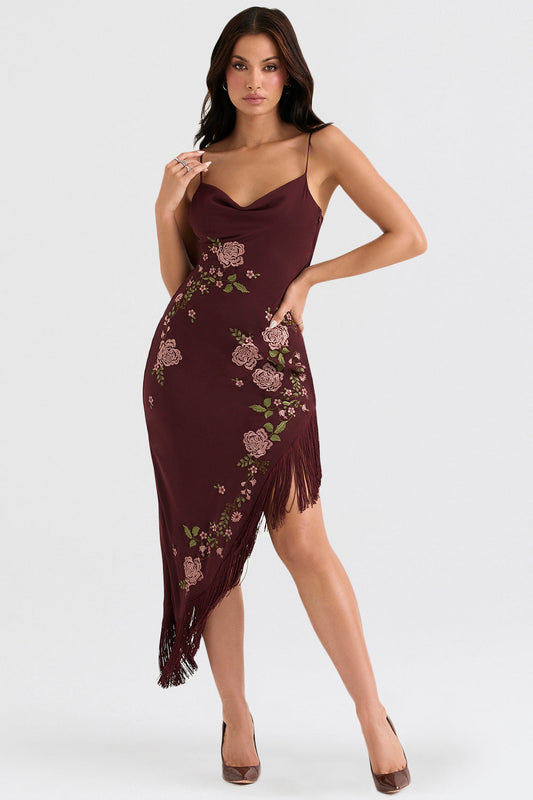 Lilian | Elegante Geborduurde Midi Jurk met Fringe Afwerking