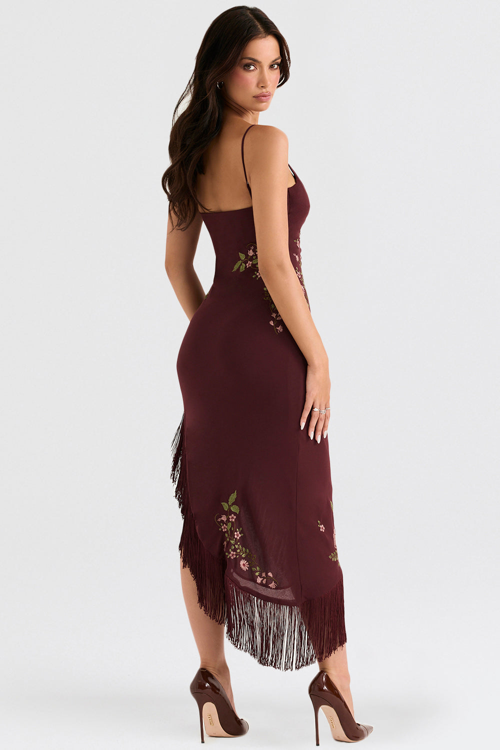 Lilian | Elegante Geborduurde Midi Jurk met Fringe Afwerking