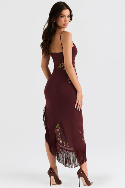 Lilian | Elegante Geborduurde Midi Jurk met Fringe Afwerking