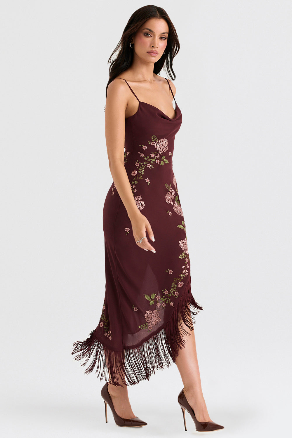 Lilian | Elegante Geborduurde Midi Jurk met Fringe Afwerking