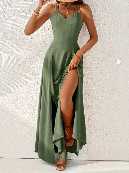 Liz | Elegante Groene Maxi Jurk met Kruisbandjes en Split