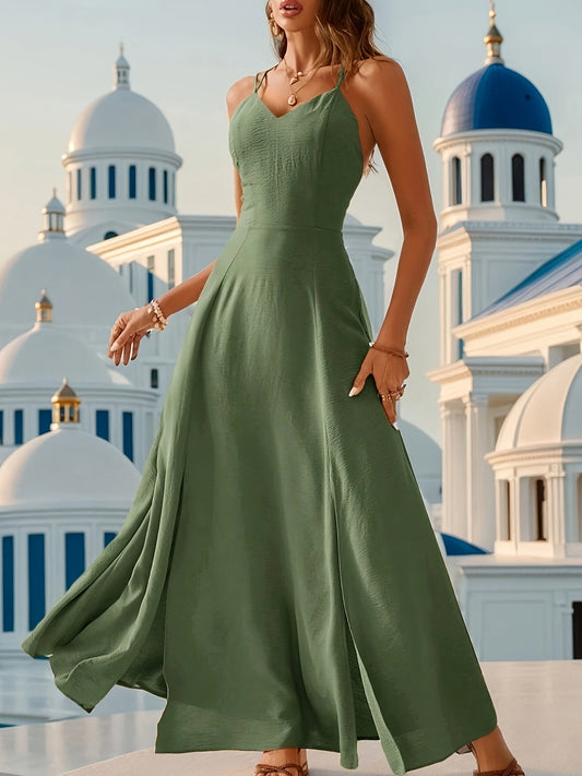 Liz | Elegante Groene Maxi Jurk met Kruisbandjes en Split