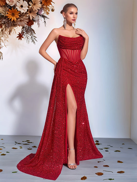 Luna | Strapless Gala Jurk met Hoge Split en Glitters