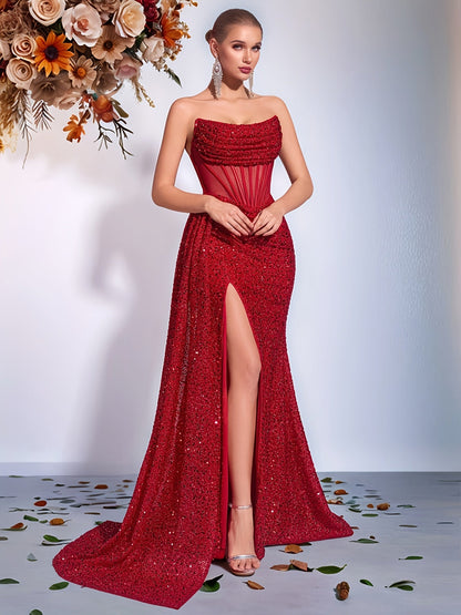 Luna | Strapless Gala Jurk met Hoge Split en Glitters
