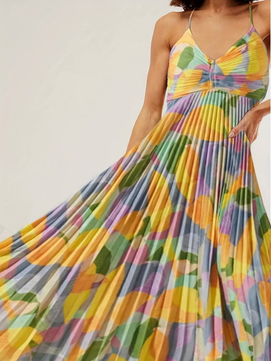 Marit | Bohemian Maxi Jurk met Abstracte Print en Plissé Rok