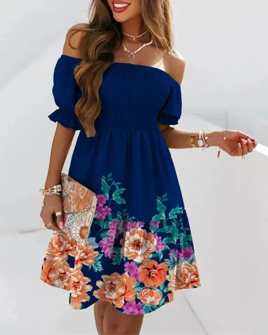 Matilda | Schattige Off-Shoulder Midi Jurk met Fleurige Print