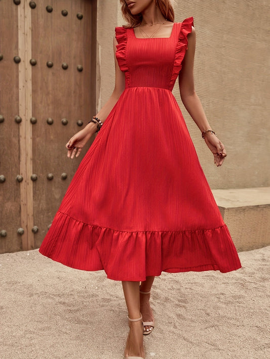Megan | Elegante Rood Zomerjurk met Taille Ceintuur en Ruches