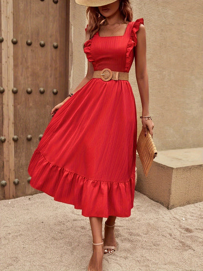 Megan | Elegante Rood Zomerjurk met Taille Ceintuur en Ruches