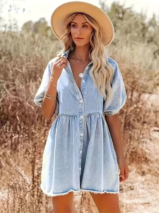 Mia | Licht Blauwe Denim Jurk met Pofmouwen