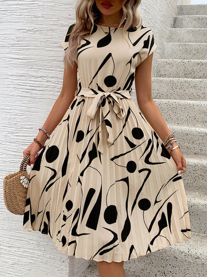 Monica | Elegante Geplooide Midi Jurk met Strikceintuur