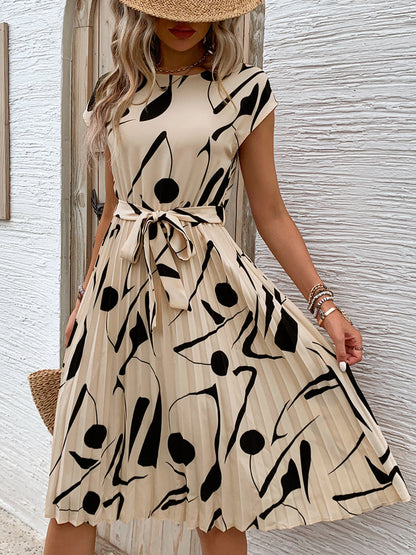 Monica | Elegante Geplooide Midi Jurk met Strikceintuur