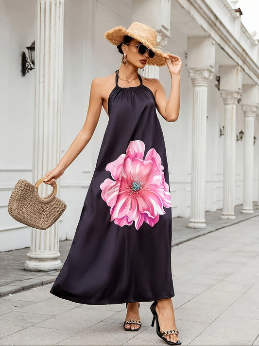 Nelly | Elegante Bloemenprint Halternek Mouwloze Maxi-Jurk