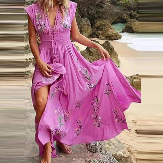 Odessa | Bohemian Maxi Jurk met V-Hals en Elegante Borduursels