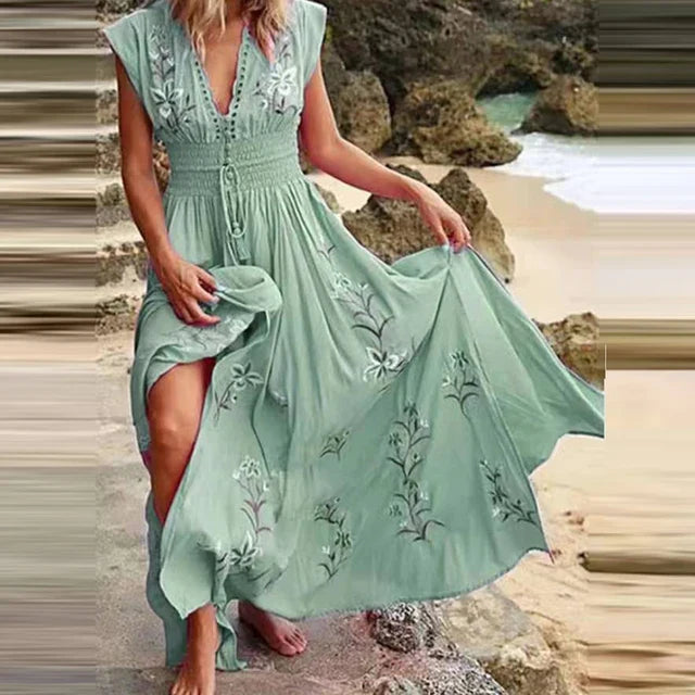 Odessa | Bohemian Maxi Jurk met V-Hals en Elegante Borduursels