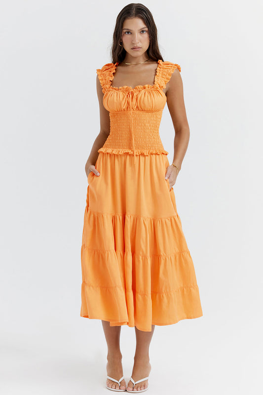 Quincee | Elegante Gesmokte Midi-jurk met Ruches voor Dames
