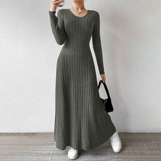 Sydney | Elegante Geribbelde Maxi Jurk met Lange Mouwen
