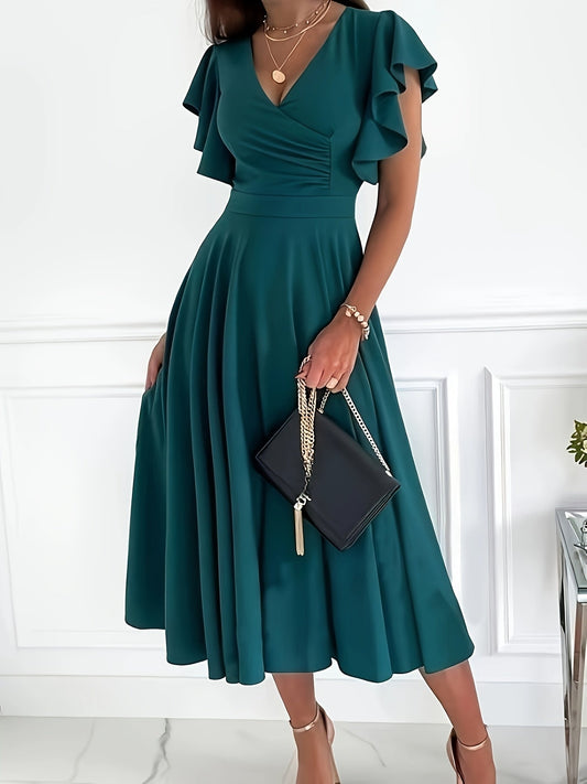 Teresa | Blauwgroene Midi Jurk met Volants Mouwen
