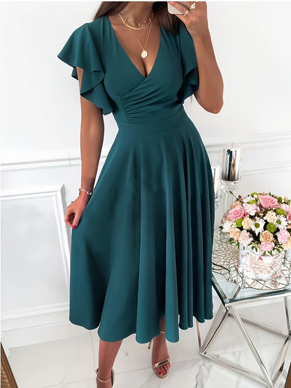 Teresa | Blauwgroene Midi Jurk met Volants Mouwen