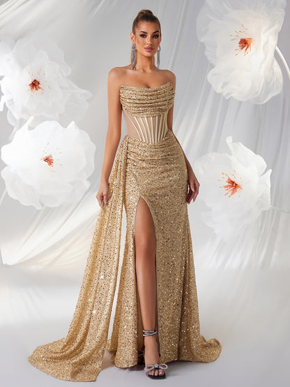 Tess | Luxe Strapless Galajurk met Lovertjes en Hoge Split