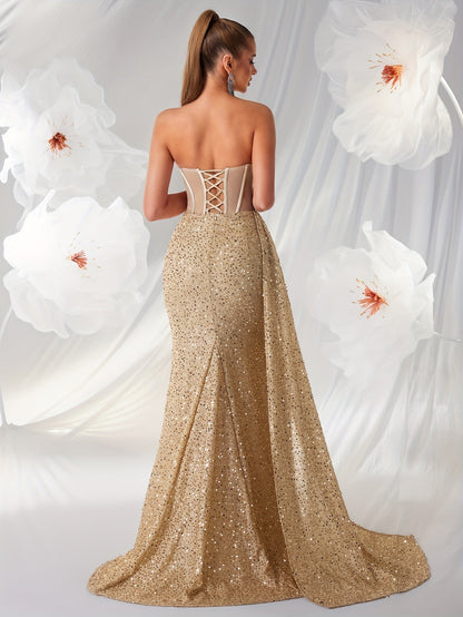 Tess | Luxe Strapless Galajurk met Lovertjes en Hoge Split