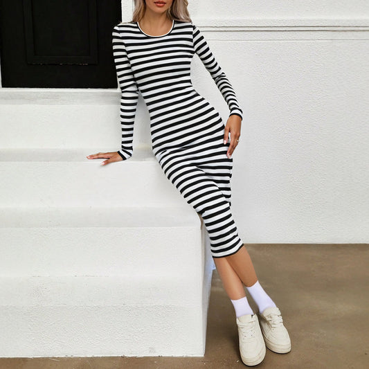 Theresa | Gestreepte Midi Jurk met Lange Mouwen