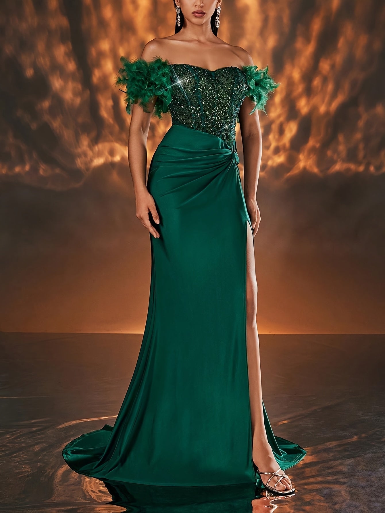 Trinity | Elegante Off-Shoulder Avondjurk met Pailletten en Hoge Split