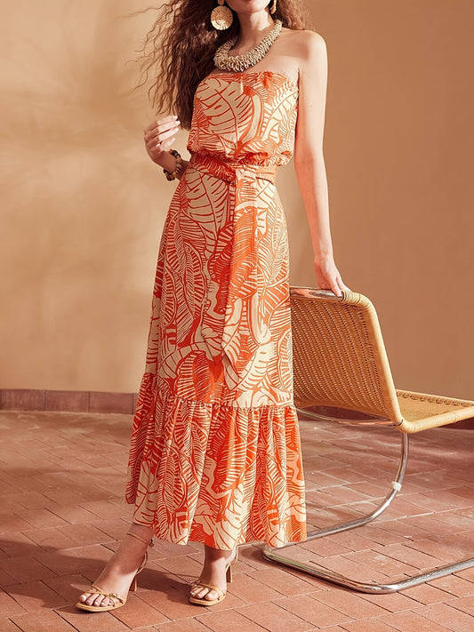 Valerie | Strapless Maxi Jurk met Tropisch Bladmotief en Tailleceintuur voor Zomerse Elegantie
