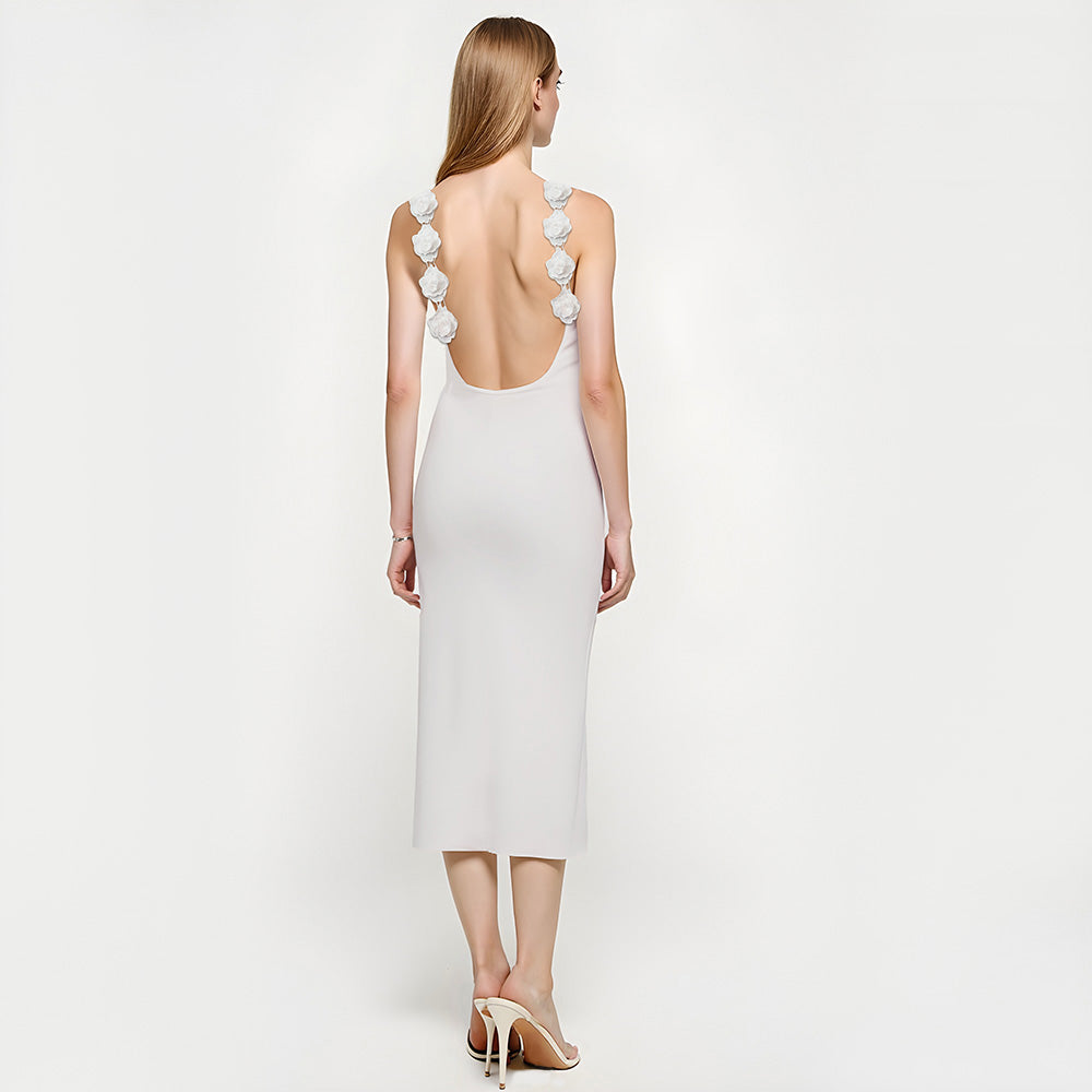 Violet | Elegante Open Rug Midi Jurk met Bloemdetails