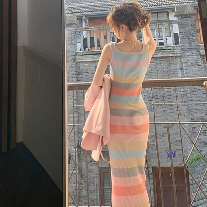 Vivian | Gestreepte Bodycon Maxi Jurk met Vierkante Hals